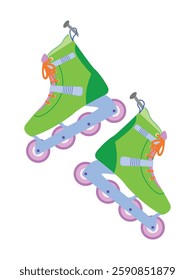 Modern design roller skates. Simple cartoon vector illustration of wheels kid sport shoes.