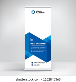 Modern design of roll-up advertising stand, banner template for the exhibition, creative geometric background for photo and text placement.