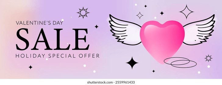 Modern design sale banner with pink sky and heart with wings. Happy Valentine's day sale header. Trendy minimalist aesthetic with gradients and typography, y2k, vector illustration