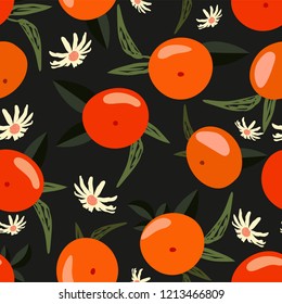 Modern design. Seamless Floral Pattern. Orange Fruit Background. Flowers, Leaves on a dark background. Vector