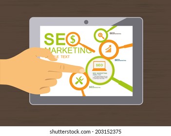 Modern Design SEO, Top View desktop background with tablet concept, cloud, server, storage and statistics