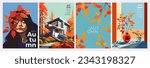 Modern design set of Fall poster, cover, card with portrait of beautiful girl with autumn leaves in her hair, landscape with modern house, autumn plant in the pot. Template for advertising, web, print