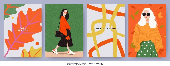 Conjunto de diseño moderno de póster de otoño, cubierta, tarjeta con hermosa chica fashionista en suéter de gran tamaño y falda midi, patrón de moda con hojas y Formas abstractas. Plantilla para publicidad, Web, impresión