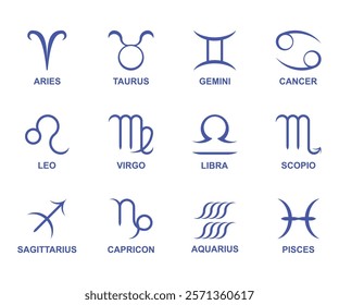 Modern design set of Zodiac sign horoscope symbol, Aries, Taurus, Gemini, Cancer, Leo, Virgo, Libra, Scorpio, Sagittarius, Capricorn, Aquarius, Pisces.