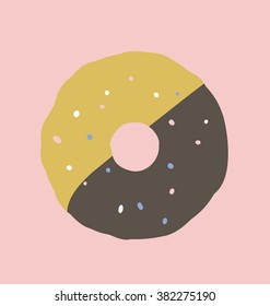 Modern design of the single doughnut on the simple pink background. 
Half of it is covered with the dark chocolate.
Great design element.
