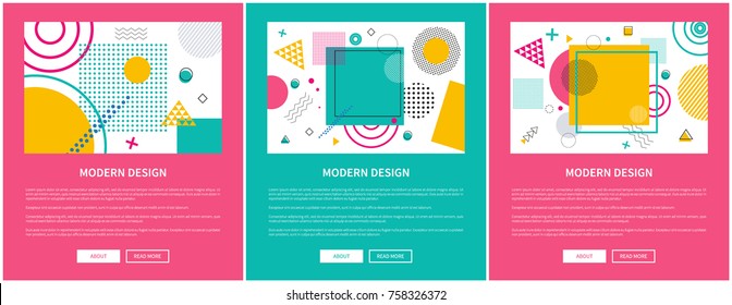 Modern design sites sample, images with composition of geometric shapes, headlines and titles, buttons and text on vector illustration