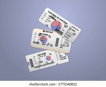 Modern design of South Korea airline, bus and train travel boarding pass. Three tickets of South Korea painted in flag color. Vector illustration isolated