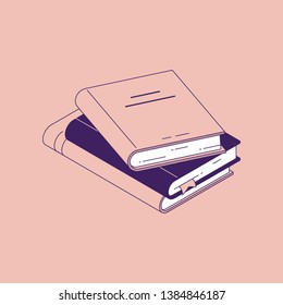 Modern design of stack of lying paper books with hardcover and bookmarks.