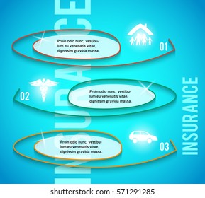 Modern Design style infographic mockup. Vector illustration of different types insurance. Can be for options of business services steps, anual report company, fraud protection, legal  defense firm