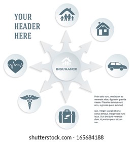 Modern Design style infographic template. Illustration of different kinds of insurance. Can be used for infographics and typography, chart process the insurance company, business service steps options