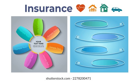 Modern Design style infographic template. Illustration of different kinds of insurance. Can be used for infographics and chart process insurance company, business service steps options, presentation