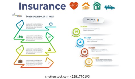 Modern Design style infographic template. Illustration of different kinds of insurance. Can be used for infographics and chart process insurance company, business service steps options, presentation