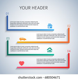 Modern Design style infographic template. Illustration of different kinds of insurance. Can be used for infographics and typography, chart process the insurance company, business service steps options