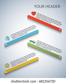 Modern Design style infographic template. Illustration of different kinds of insurance. Can be used for infographics and typography, chart process the insurance company, business service steps options