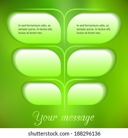 Modern Design style info-graphics template on blur green leaves background with space place for your text. Vector illustration EPS 10 for page layout numbering for ecological & energy theme booklet