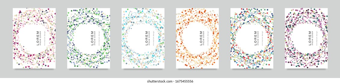 Modern design in the style of minimalism. Set of covers decorated with colored circles. Isolated on a gray background. Vector illustration