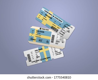 Modern design of Sweden airline, bus and train travel boarding pass. Three tickets of Sweden painted in flag color. Vector illustration isolated