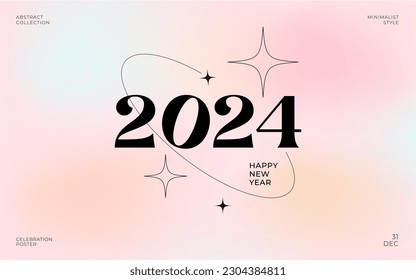 Modern design template of 2024 Happy New Year poster. Y2k trendy minimalist aesthetic with vibrant gradients background and typography logo 2024 for celebration and season decoration. Pale soft colors