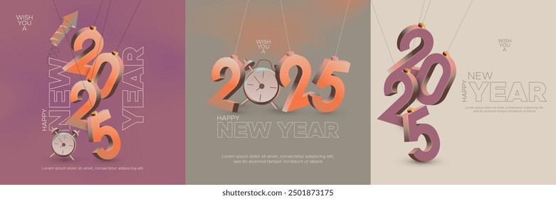 Modern design template for 2025 new year celebration. Happy new year 2025 square template with modern 3D hanging number for social media post