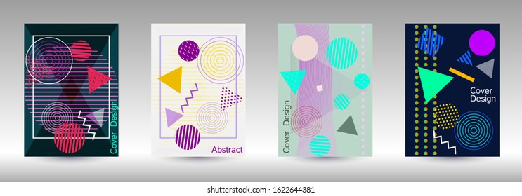 Modern design template. Abstract background in the style of Memphis.  Artistic geometric cover design. Fashionable  cover, banner, poster, booklet. Creative colors backgrounds. Vector.