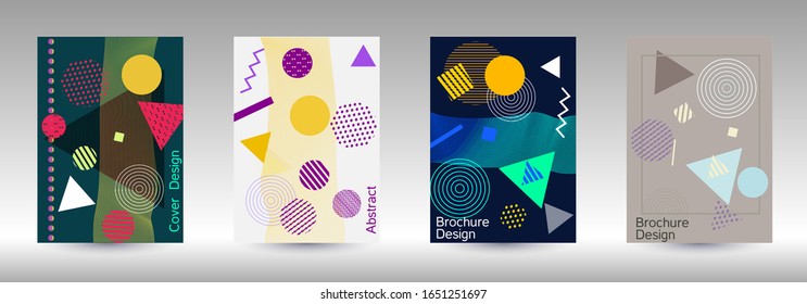 Plantilla de diseño moderna. Antecedentes abstractos al estilo de Memphis. Diseño artístico de portada geométrica. Portada de moda, pancarta, afiche, folleto. Fondos de colores creativos. 