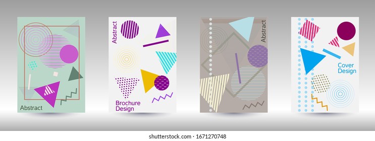 Plantilla de diseño moderna. Antecedentes abstractos al estilo de Memphis. Diseño artístico de portada geométrica. Portada de moda, pancarta, afiche, folleto. Fondos de colores creativos. Vector.