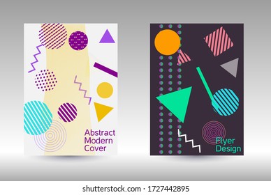 Modern design template. Abstract background in the style of Memphis.  Artistic geometric cover design. Fashionable  cover, banner, poster, booklet. Creative colors backgrounds. Vector.