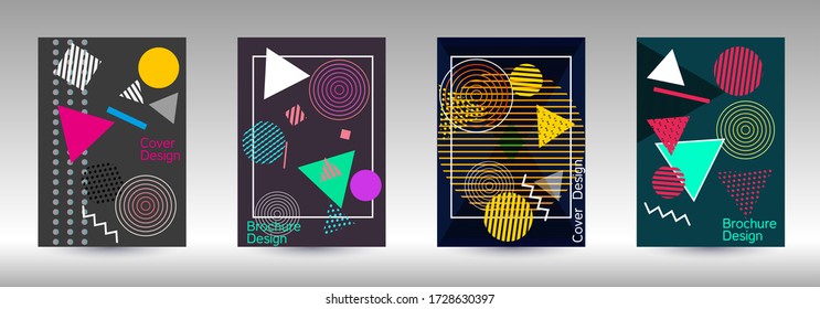Plantilla de diseño moderna. Antecedentes abstractos al estilo de Memphis.  Diseño artístico de la cubierta geométrica. Portada de moda, pancarta, afiche, folleto. Fondos de colores creativos. 