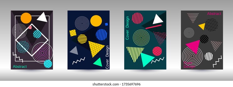 Moderne Designvorlage. Abstrakter Hintergrund im Stil von Memphis.  Künstlerisch geometrische Deckengestaltung. Modische Abdeckung, Banner, Plakat, Broschüre. Kreative Farbhintergründe. 