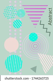 Moderne Designvorlage. Abstrakter Hintergrund im Stil von Memphis.  Künstlerisch geometrische Deckengestaltung. Modische Abdeckung, Banner, Plakat, Broschüre. Kreative Farbhintergründe. 