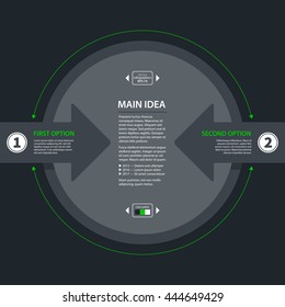 Modern design template with big circle and two options in flat style on dark gray background. Useful for corporate presentations and advertising.