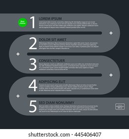 Modern design template with flowing stripe and five options in flat style on dark gray background. Useful for corporate presentations and advertising.