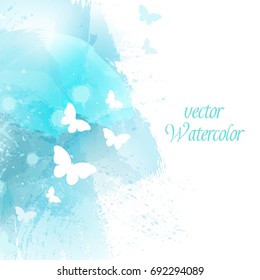 Modern design template with flying butterflies. Vector watercolor background with brush strokes, blobs and splashes. 