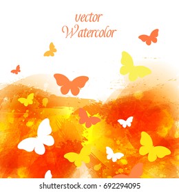 Modern design template with flying butterflies. Vector watercolor background with brush strokes, blobs and splashes. Warm autumn colors