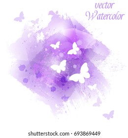 Modern design template with flying butterflies. Vector watercolor background with brush strokes, blobs and splashes. Isolated on white