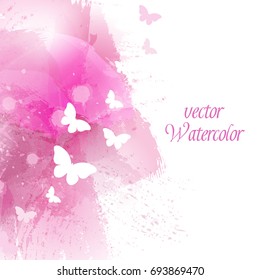 Modern design template with flying butterflies. Vector watercolor background with brush strokes, blobs and splashes. 