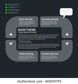 Modern design template with four options in flat style on dark gray background. Useful for corporate presentations and advertising.