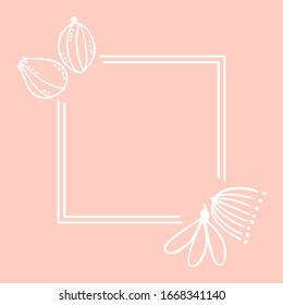Modern design template for greeting card or flyer. place for text, square frame with flowers linear drawing vector illustration on a pink background
