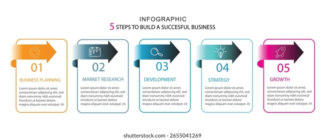modern design template for infographics, 5 steps success     business, business infographic, template, strategy, timeline, whit 5 steps.