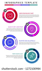 Modern design template for infographics with circle frames, icons and sample text. Vector illustration.