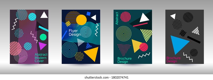 Plantilla de diseño moderna. Antecedentes modernos de Memphis. Diseño artístico de la cubierta geométrica. Portada de moda, pancarta, afiche, folleto. Fondos de colores creativos. 