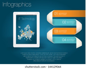 Modern design template numbered banners with tablet and map of America. Infographics.