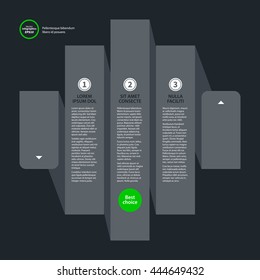 Modern design template with paper stripe and three options in flat style on dark gray background. Useful for corporate presentations and advertising.