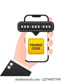 Plantilla de diseño moderna con códigos promocionales en un smartphone. Concepto mínimo. Diseño moderno. Diseño de etiqueta de código de cupón. Pancarta plana geométrica. Diseño plano. Ilustración del vector