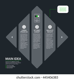 Modern design template with rhombus of three options in flat style on dark gray background. Useful for corporate presentations and advertising.