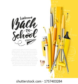 Modern design template with school accessories and "Back to school" hand drawn lettering