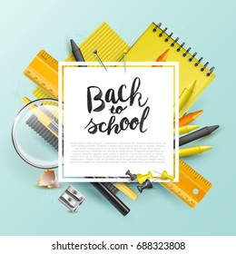 Modern design template with school accessories and "Back to school" hand drawn lettering