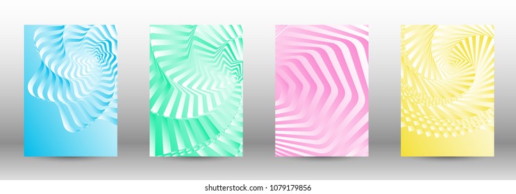 Modern design template. A set of abstract patterns with distorted lines. Abstract geometric illustration in blue, yellow, pink, green colors. Can be used for design of cover, cards, posters