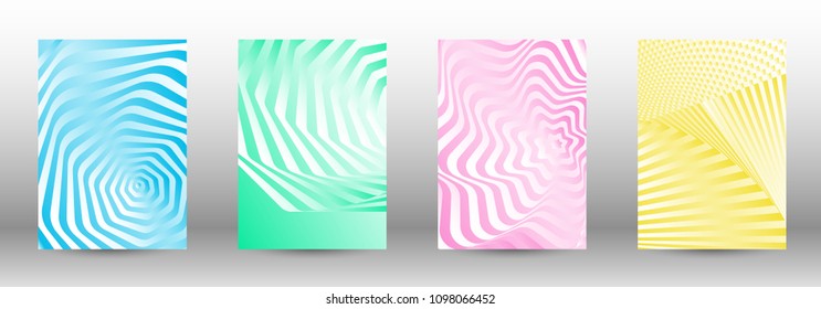 Modern design template. A set of abstract patterns with distorted lines. Abstract geometric illustration in blue, yellow, pink, green colors. Can be used for design of cover, cards, posters
