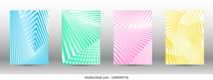 Modern design template. A set of abstract patterns with distorted lines. Abstract geometric illustration in blue, yellow, pink, green colors. Can be used for design of cover, cards, posters